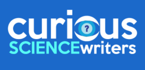 White and blue writing on a blue background reading Curious Science writers. The o in curious has an eye with a question mark in the middle.